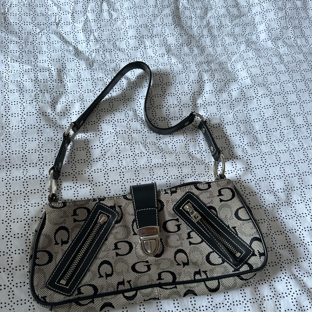 Guess Cream and Black Monogram Shoulder Bag